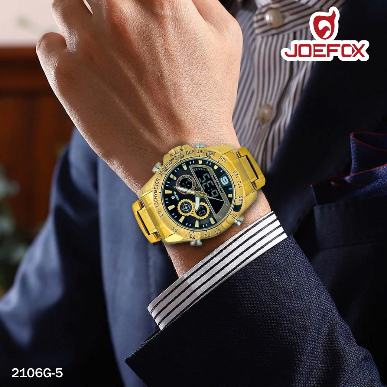 2106G-5 RELOJ JOEFOX  DOBLE HORA DORADO