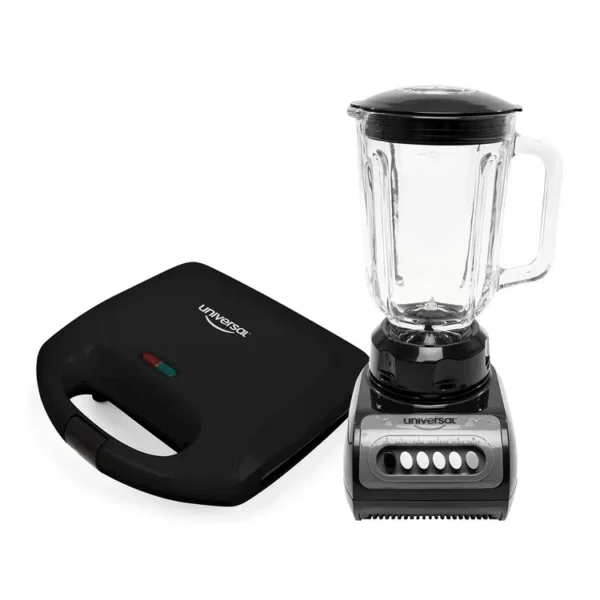 Combo UNIVERSAL Licuadora 1.5Lts con Vaso de Vidrio + Sanduchera 2 puestos Negro