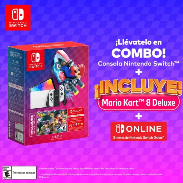 Consola NINTENDO SWITCH Modelo OLED Blanco|Negro + Juego Mario Kart 8 Deluxe + 3 Meses de Nintendo Switch Online - Imagen 4