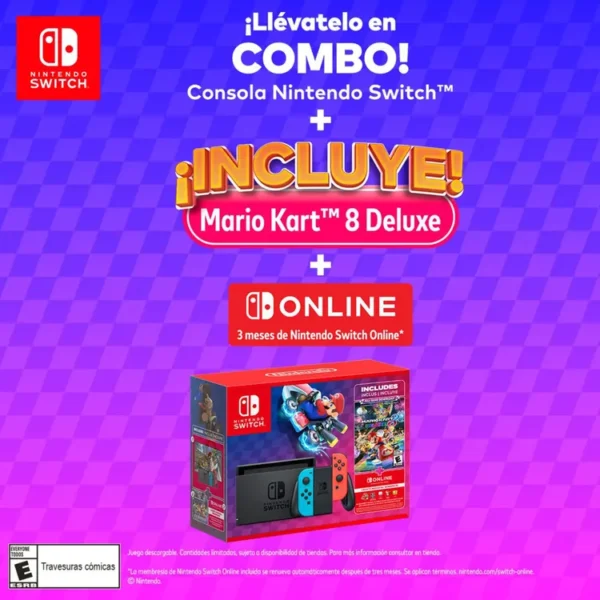 Consola NINTENDO SWITCH™ con Joy -Con Azul|Negro| Rojo Neon + Juego Mario Kart 8 Descargable + 3 meses de Nintendo Switch Online - Imagen 4