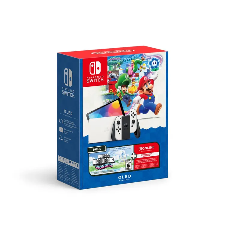 Consola NINTENDO SWITCH Modelo OLED Blanco + Juego Descargable Super Mario Bros. Wonder + 12 Meses de Nintendo Switch Online