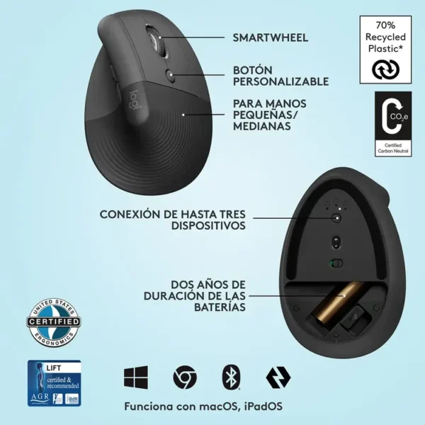 Mouse LOGITECH Inalámbrico USB|Bluetooth Ergonómico Lift Vertical Negro - Imagen 6