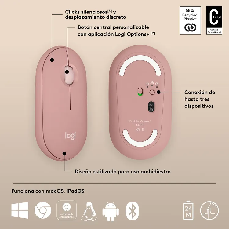 Mouse LOGITECH Óptico Inalámbrico M350S Rosado - Imagen 6