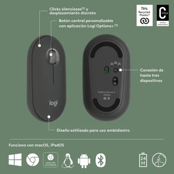 Mouse LOGITECH Óptico Inalámbrico M350S Negro - Imagen 6