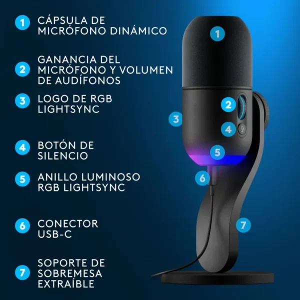 Microfono LOGTECH G Alámbrico Yeti GX USB Negro - Imagen 6