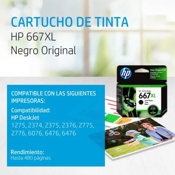 Cartucho de Tinta HP 667XL Negra - Imagen 2