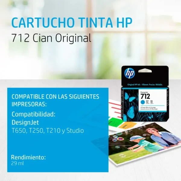 Cartucho de Tinta HP 712 Azul 29ml para Plotter - Imagen 2