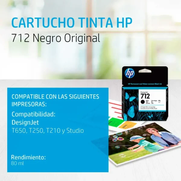 Cartucho de Tinta HP 712 Negro 80ml para Plotter - Imagen 2