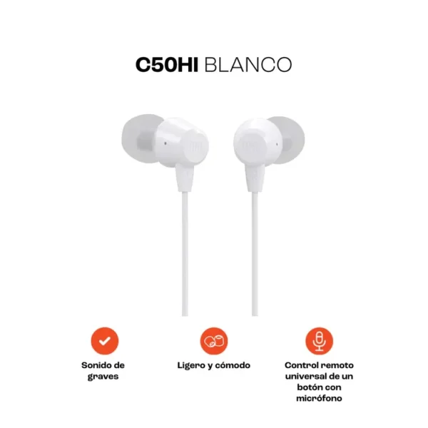 Audífonos JBL Alámbricos In Ear Manos Libres C50HI Blanco - Imagen 3