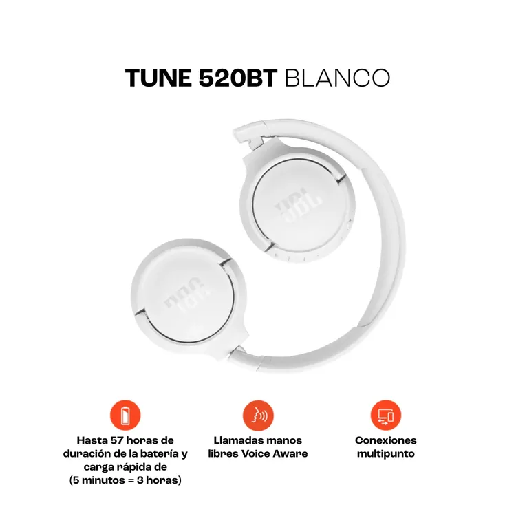 Audífonos de Diadema JBL Inalámbricos Bluetooth On Ear T520BT Blanco - Imagen 3