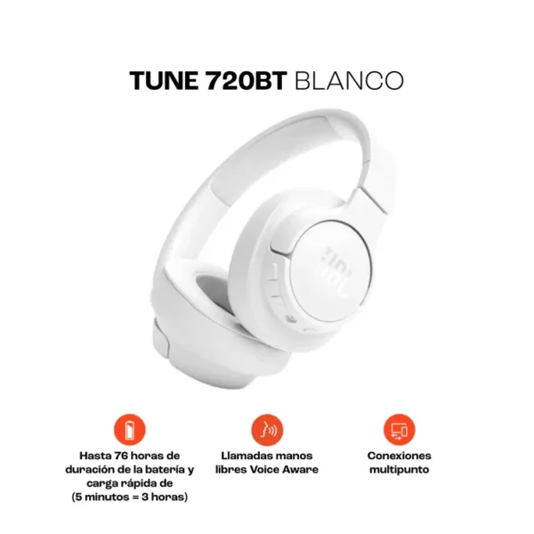Audífonos de Diadema JBL Inalámbricos Bluetooth Over Ear T720BT Blanco - Imagen 3