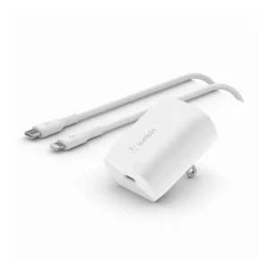 Adaptador|Cargador de Pared BELKIN USBC 20W+Cable USBC A Lightning de 1.0 Metro Blanco