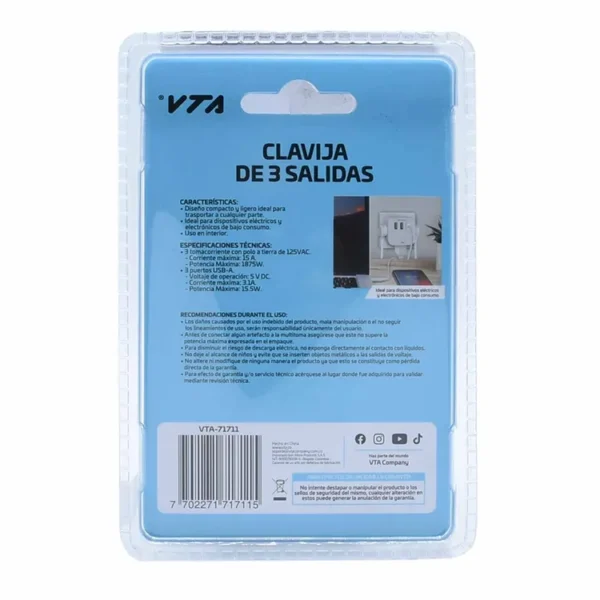 Multitoma Clavija VTA de 3 Salidas Polo a Tierra 15W + 3 Puertos USB-A - Imagen 10
