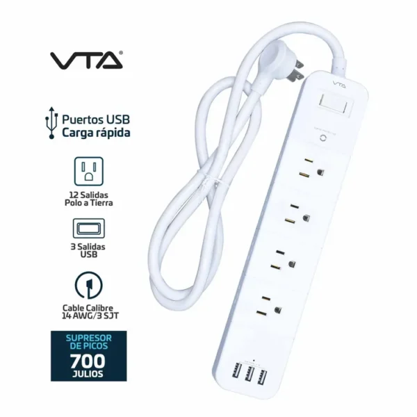 Multitoma con Supresor de Picos VTA de 12 Salidas Polo a Tierra + 3 Puertos USB-A de 1 Metro - Imagen 4