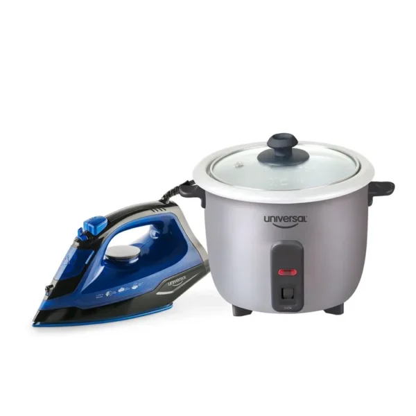 Combo UNIVERSAL Olla Arrocera mini 1.5 tazas Gris + Plancha Vapor Azul