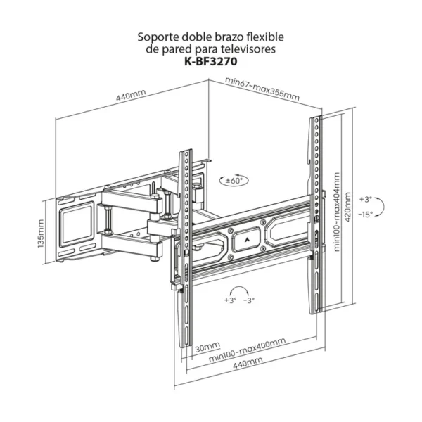 Base KALLEY Escualizable Doble Brazo Flexible K-BF3270 para televisores 32” y 70” - Imagen 2