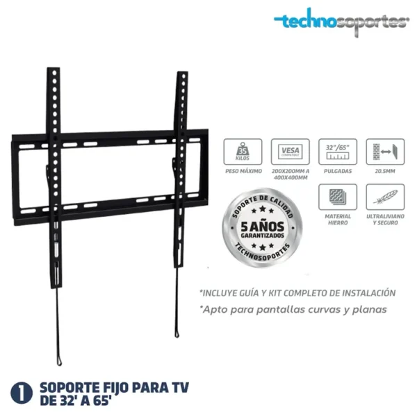 Base Fija TECHNOSOPORTES para TV de 32"a 65"+ Kit de Limpieza +<br> Paño Microfibra + 2 Correas Organizadoras + Nivel - Imagen 2