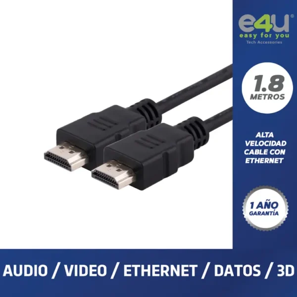 Cable E4U HDMI a HDMI 4K Alta Velocidad  con Ethernet de 1.8 Metros + 2 Correas de Velcro - Imagen 9