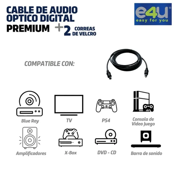 Cable de Audio E4U Óptico Digital Premium  3 metros + 2 correas de Velcro - Imagen 5