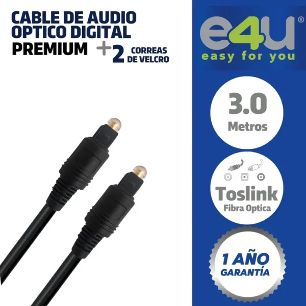 Cable de Audio E4U Óptico Digital Premium  3 metros + 2 correas de Velcro - Imagen 6
