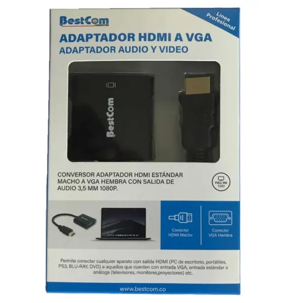Adaptador HDMI estándar macho a VGA hembra con salida de audio 3,5 mm 1080p. - Imagen 3