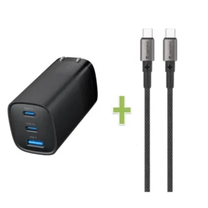 Adaptador|Cargador de Pared ESENSES Dual USB-C 65W Carga Rápida (USB-C 45W|USB-C 15W|USB-A 5W) + Cable USB-C a USB-C 60W de 1.5 Metro