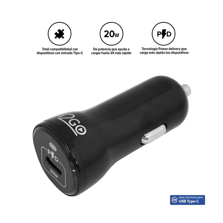 Adaptador|Cargador de Carro i2GO USB-C 20W Carga Rápida Negro - Imagen 3
