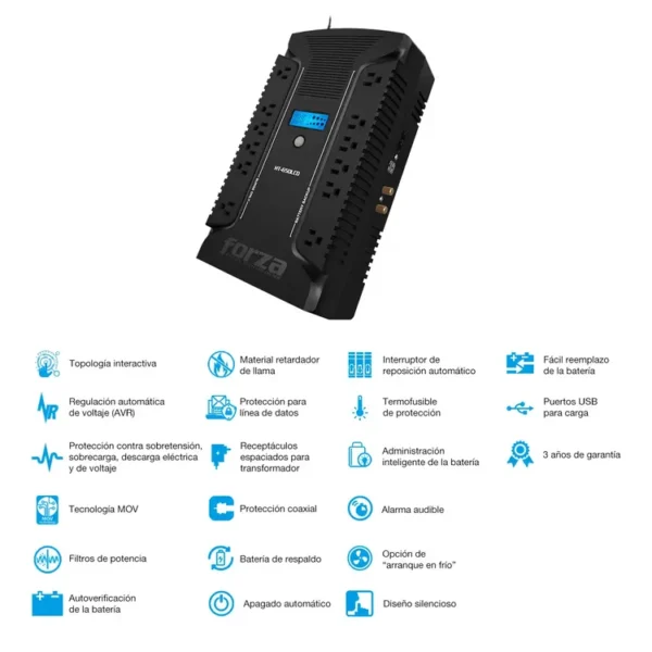UPS FORZA 650VA / 390W 12 Salidas | 2 puertos USB | 1 puerto USB-C | HT-650LCD Negro - Imagen 4