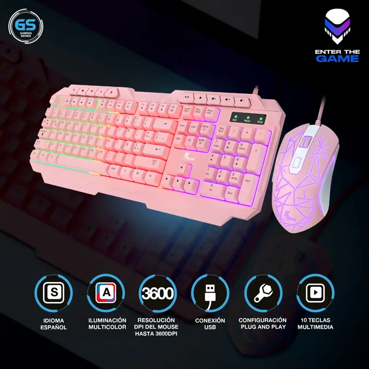 Combo XTECH Alámbrico Teclado + Mouse XTK-540S Gaming Rosado - Imagen 3
