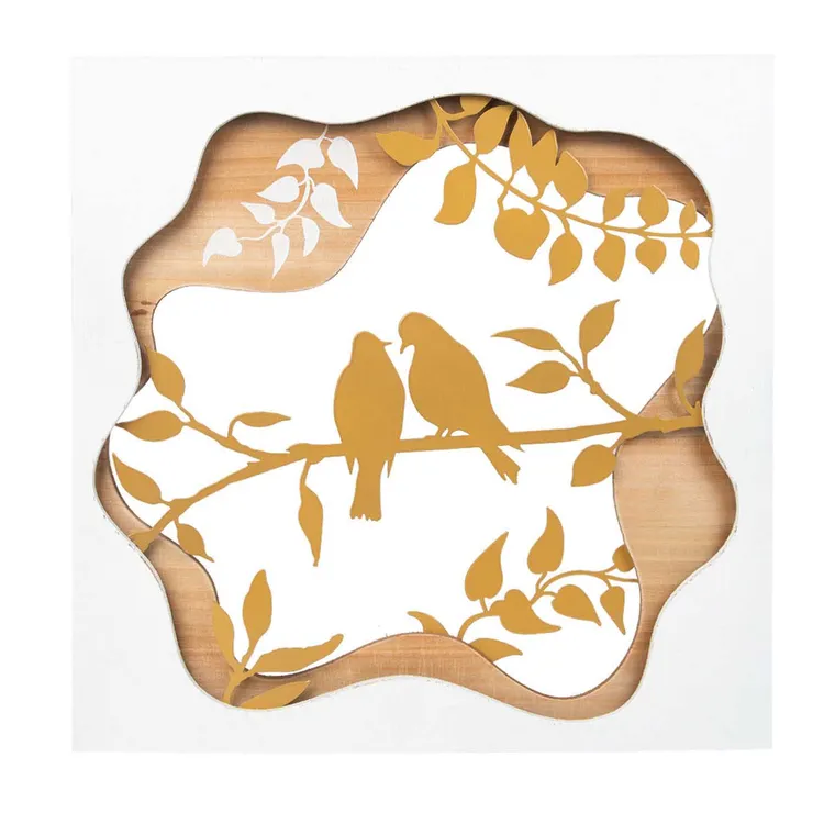 Cuadro Decorativo FREE HOME Pareja de Pájaros Dorado Blanco 40 x 40 x 4 cm