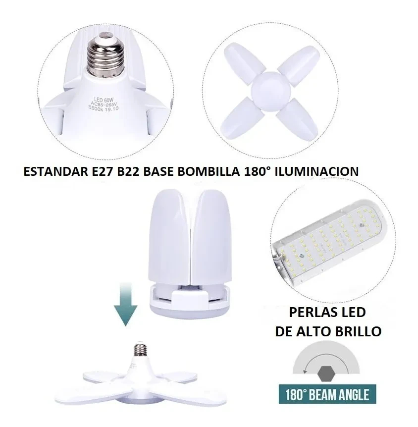 Lampara Bombillo Luz Aspas Plegable Led