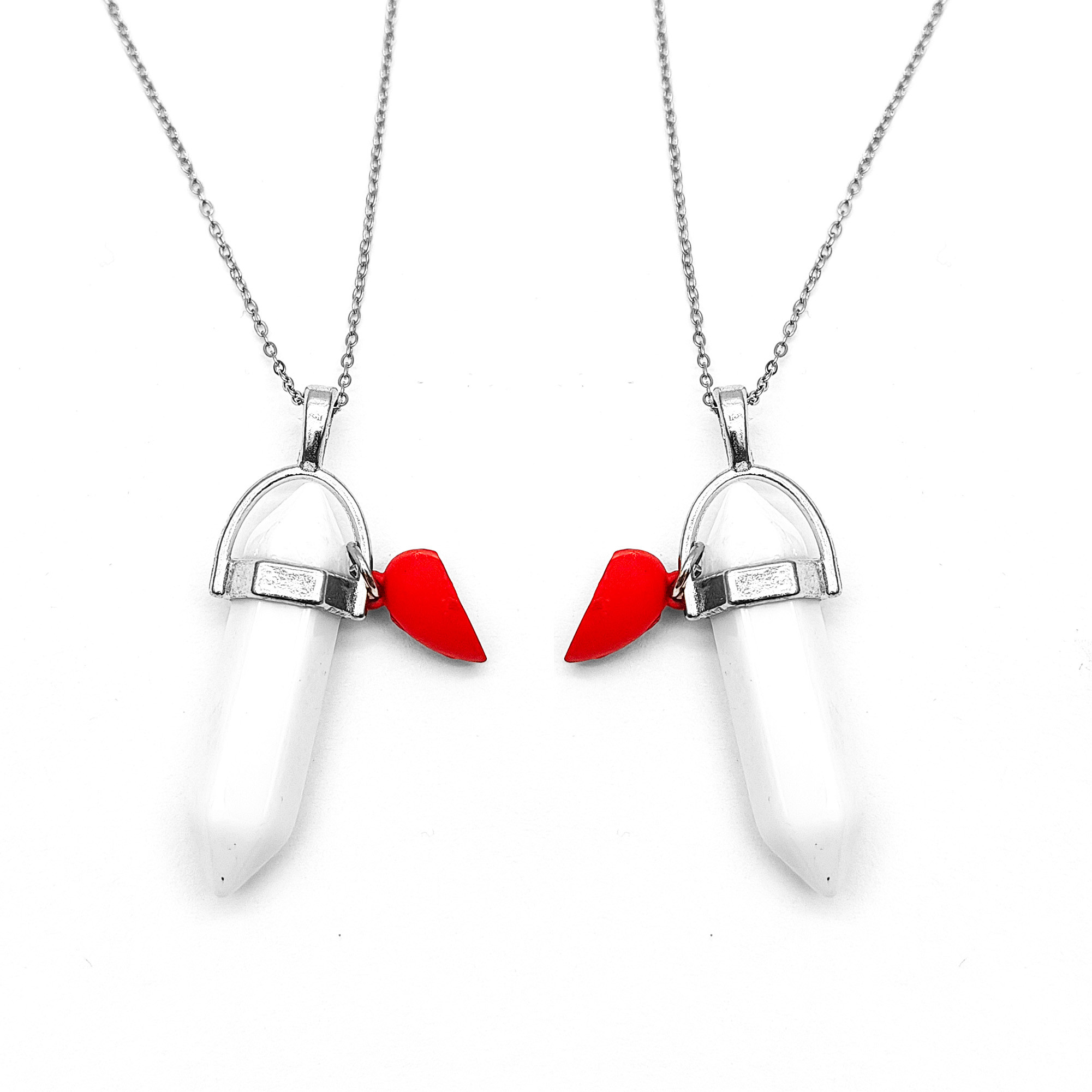 Collar Cuarzo Blanco Pareja Corazon Rojo