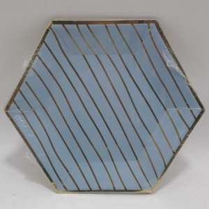 PLATO HEXAGONAL AZUL Y DORADO 18CM X 10