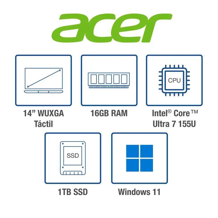 Computador Portátil 2 en 1 ACER ASPIRE SPIN 14" Pulgadas 70TY Táctil - Intel Core Ultra 7 - RAM 16GB - Disco SSD 1TB - Gris - Imagen 10