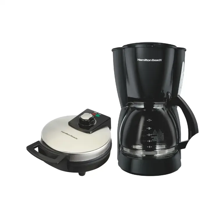 Combo HAMILTON BEACH Waflera 26080 Redonda Tipo Belga Gris + Cafetera 12 tazas 49316R Negro