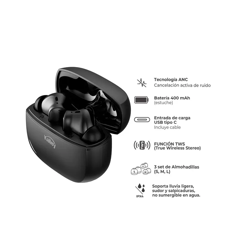 Audífonos KALLEY Inalámbricos Bluetooth In Ear K-ANN TWS Cancelación de Ruido Negro - Imagen 4